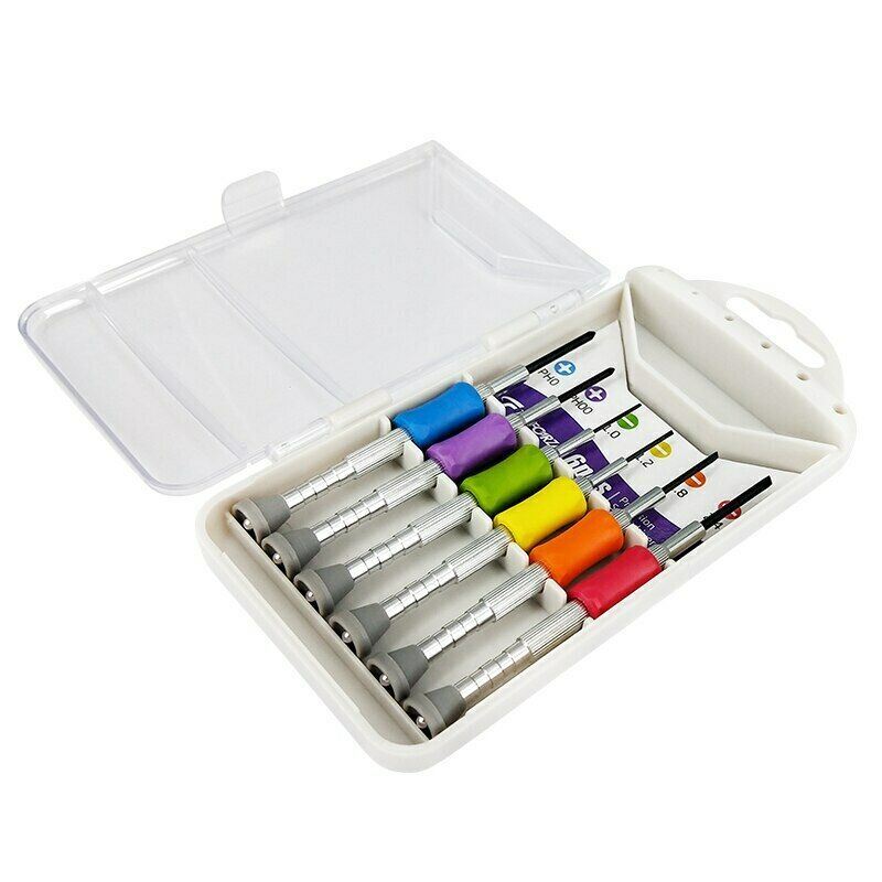 Magnetic screwdriver set with slotted and Phillips tips for watch and eyeglass repairs.