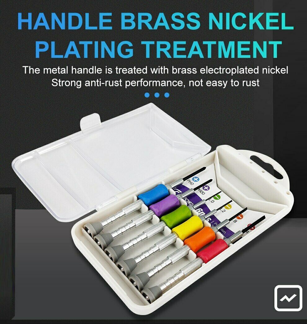 Magnetic screwdriver set with slotted and Phillips tips for precise watch and eyeglass repairs.