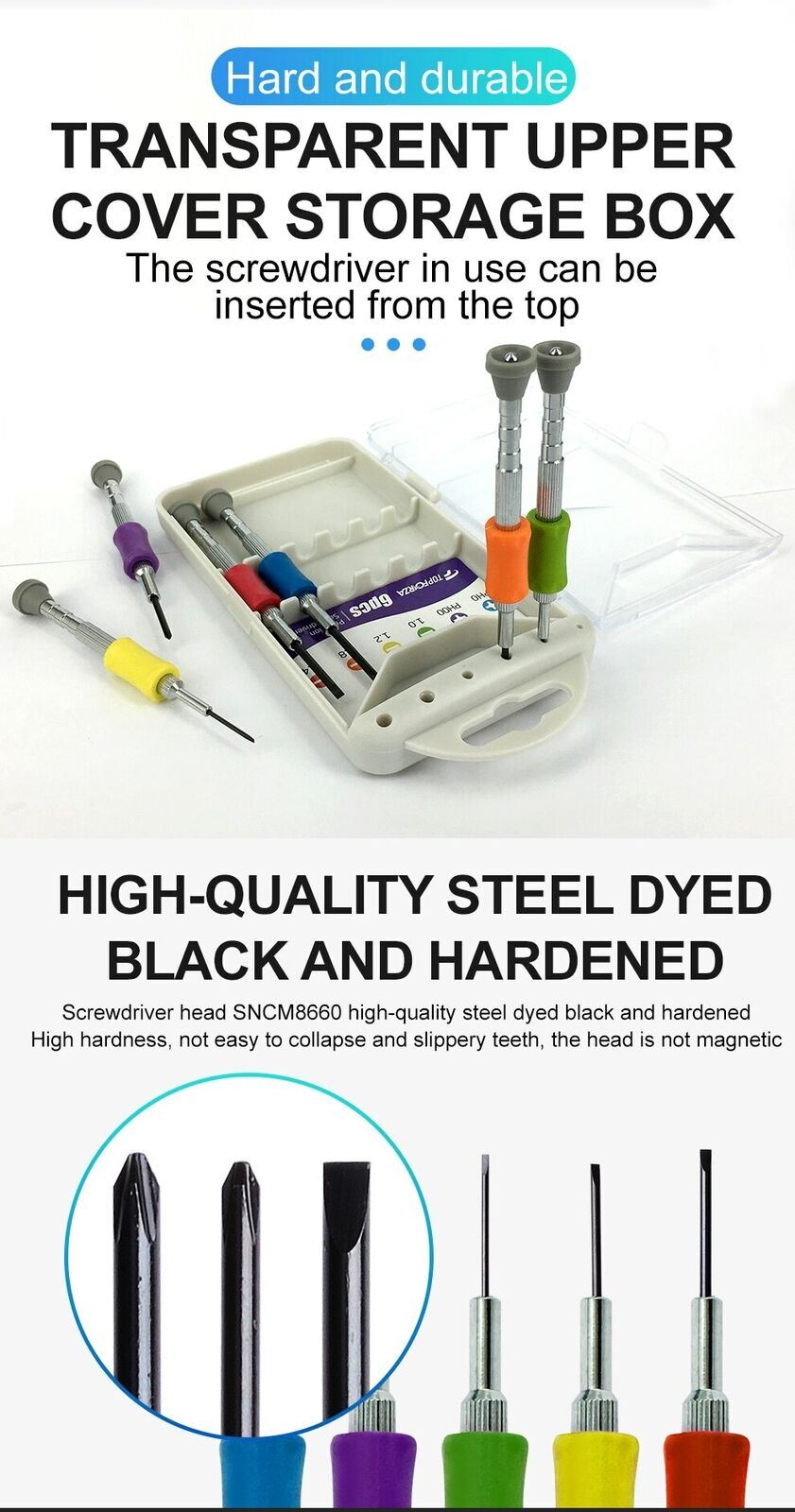 Magnetic screwdriver set featuring slotted and Phillips tips for precise watch and eyeglass repairs.
