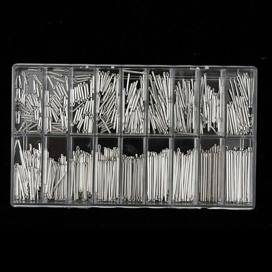 360 stainless steel watch band split pins with double flange connector for secure strap attachment.