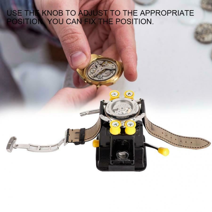 Adjustable back case holder for secure watch repairs and precise case openings.