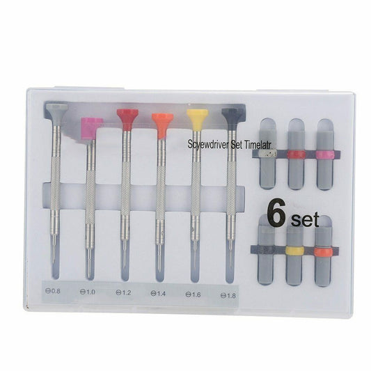 Set of 6 precision screwdrivers with 12 spare heads for mobile phone and laptop repairs, branded for quality.