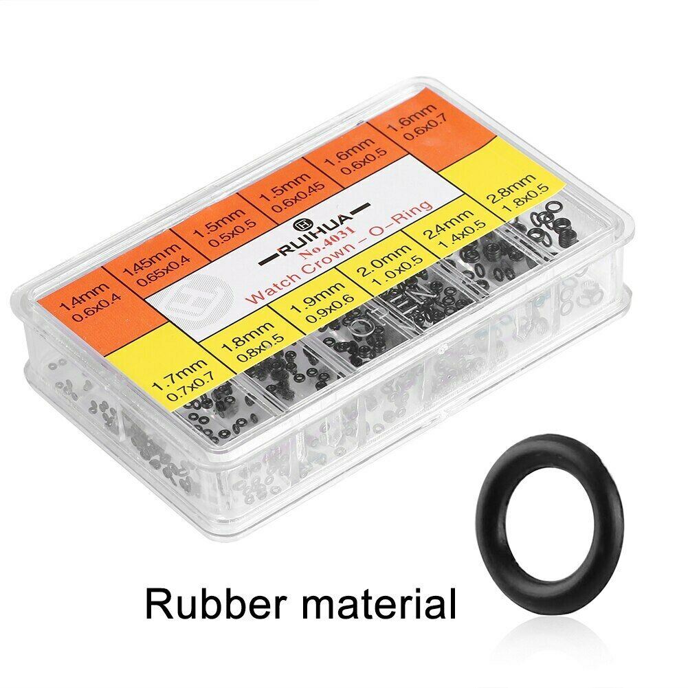 Mini Rubber O-Ring set in 12 sizes, durable waterproof seals for watch crowns and gasket repairs.