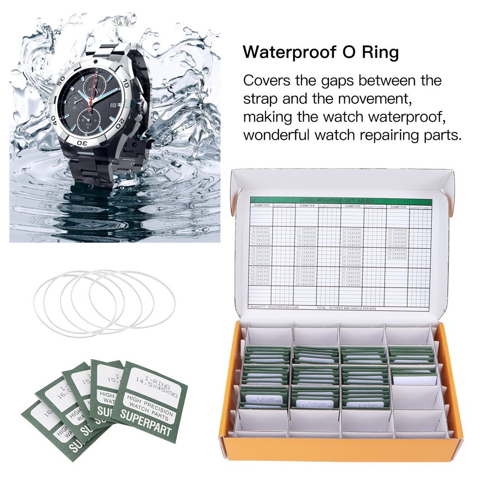 265pcs waterproof plastic O-ring seals for watch backs, perfect for precise gasket replacement and repair.