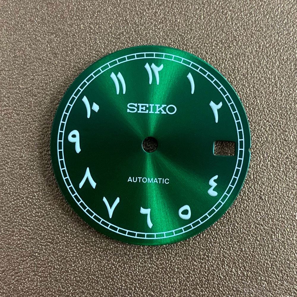 Luminous 28.5mm Arabic font watch dial for NH35 movement, perfect for precise watch repairs.