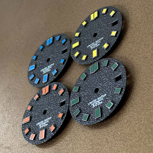 Colorful 28.5mm watch dial for NH35 movement, ideal replacement part for watch repairs.