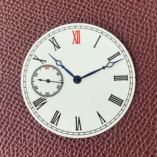 38.8mm white watch dial with hands, fits ETA6497/6498 ST3600 movement for precise timekeeping.