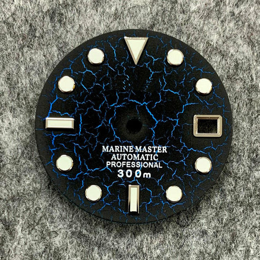 28.5mm Crackle watch dial with luminous markers, compatible with NH35 movement for precise timekeeping.