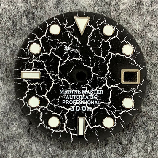 28.5mm crackle watch dial with luminous markers, compatible with NH35 movement for precision timekeeping.