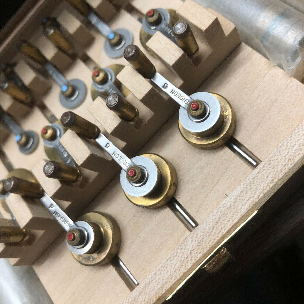Bergeon 5355 mainspring winder set in wooden box, Swiss precision tool for watch repair professionals.