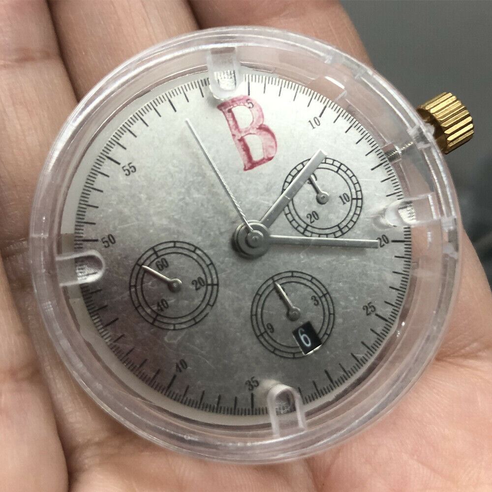 China Made 7750 automatic chronograph watch movement with ETA design, single calendar at 6, seconds subdial at 9 for precise timekeeping.