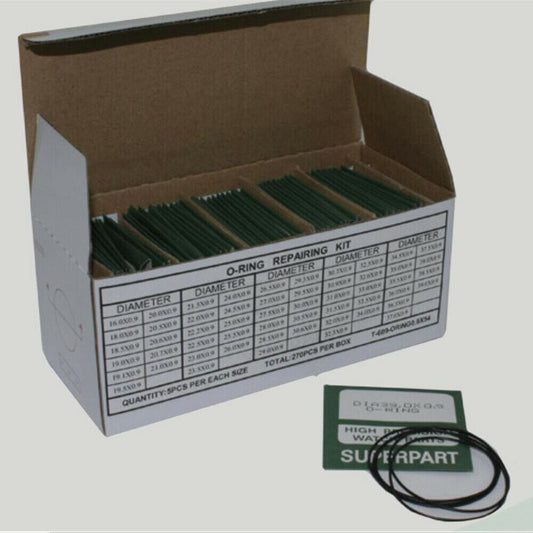 Set of 270 waterproof O ring gaskets, 0.9mm thick, 54 sizes for watch case backs.
