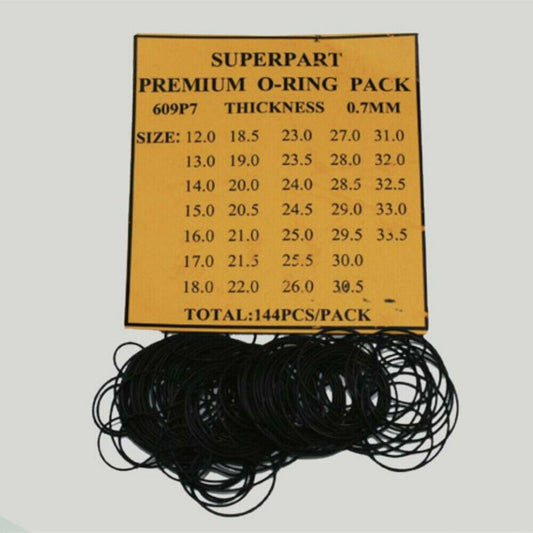 0.7mm thick waterproof O ring kit with 144 pieces in 41 sizes for watch back gaskets.