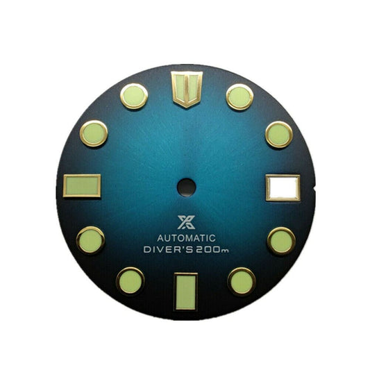 Green luminous 28.5mm C3 watch dial plate with date display at 3 o'clock for NH35 automatic movement.