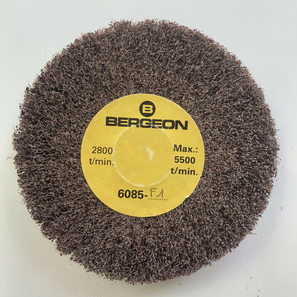 Bergeon 6085-F1 aluminum oxide polishing brush with medium grain abrasive wheels for watch accessory refinishing.