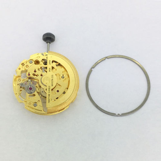 Japan Made Miyota 8N24 gold automatic watch movement showcasing intricate mechanical skeleton design by Miyota.