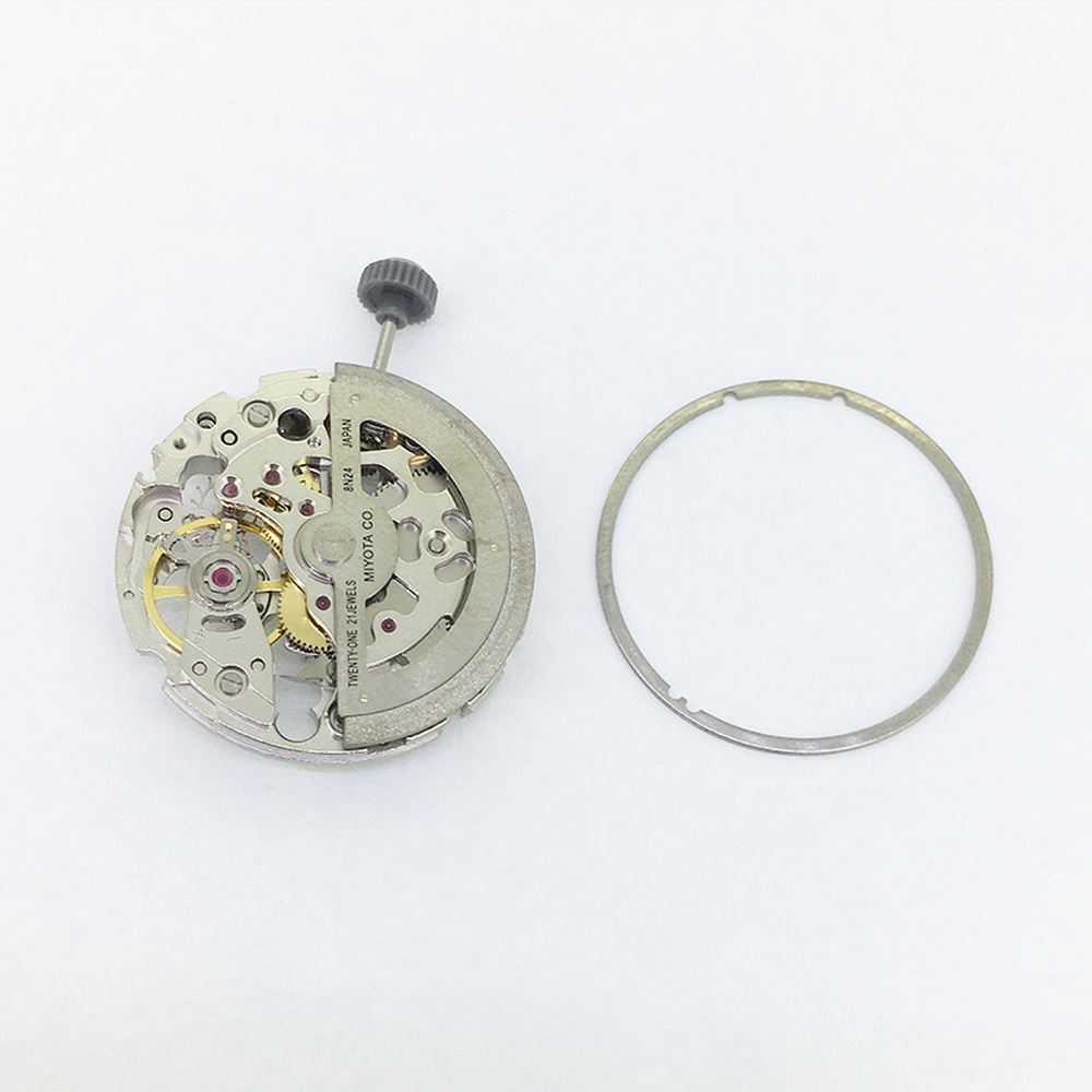 Miyota 8N24 silver skeleton watch movement displaying fine mechanical craftsmanship by Japan Brand.