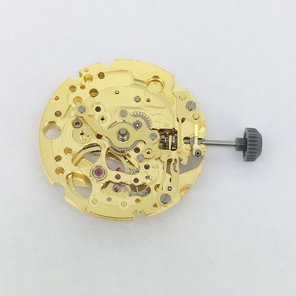 Golden plated Miyota/Citizen 82S5 automatic watch movement, precision Japanese mechanical design.