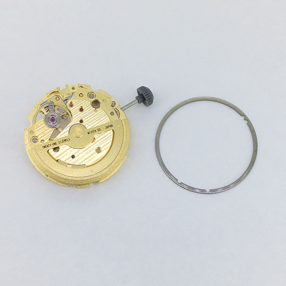 Golden plated Miyota/Citizen 82S5 automatic watch movement showcasing precision Japanese mechanical craftsmanship.