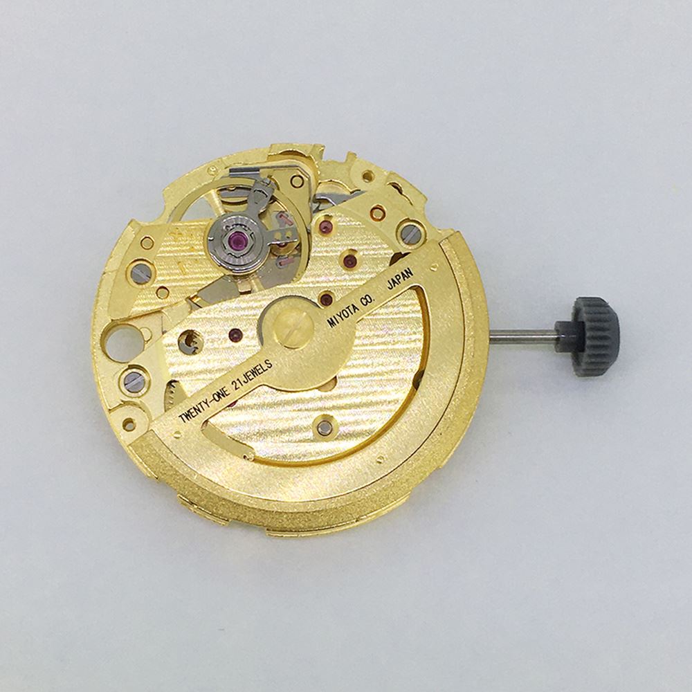 Golden plated Miyota/Citizen 82S5 automatic watch movement showcasing precision Japanese mechanical craftsmanship.