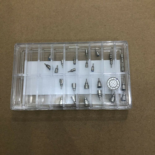 Classical stainless steel chronograph button set with 26 screw-in watch pushers for precision repairs.
