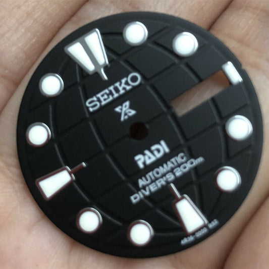 Black 28.50mm luminous watch dial for NH35 movement, enhancing visibility and style.