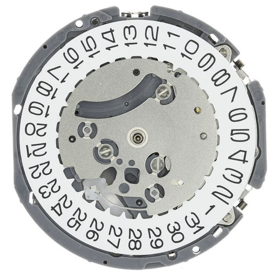 Hattori Epson VK63A quartz watch movement with white and black dial, precision Japanese craftsmanship accessory.