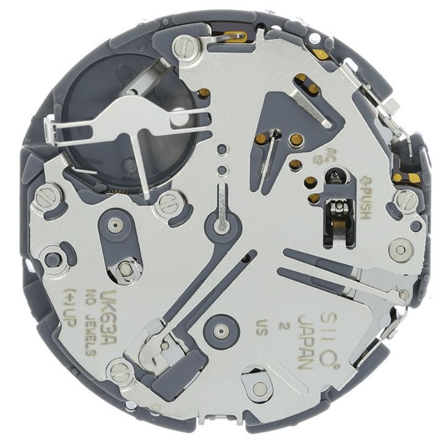 Hattori Epson VK63A quartz watch movement with white and black dial, precision Japanese craftsmanship accessory for repairs.