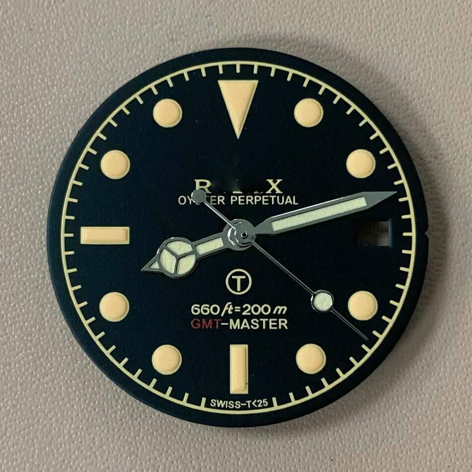 Blue-green luminous RLX watch dial with hands, designed for 8215/2813/8200 movements, ensuring accurate timekeeping.