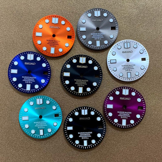 Green luminous 28.5mm Big Nail watch dial for NH35 movement by AE17, perfect for custom watch builds.