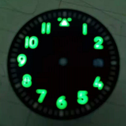 Green luminous 33.6mm watch dial by Brand New, compatible with NH35 movement, perfect for watch repair.