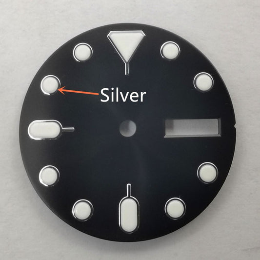 Green luminous 28.50mm watch dial, compatible with NH36 movement, ideal for night visibility.