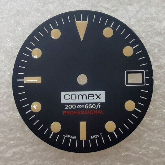 28.50mm watch dial by Brand New, no lume, designed for NH35/NH36 movement, sleek black finish.