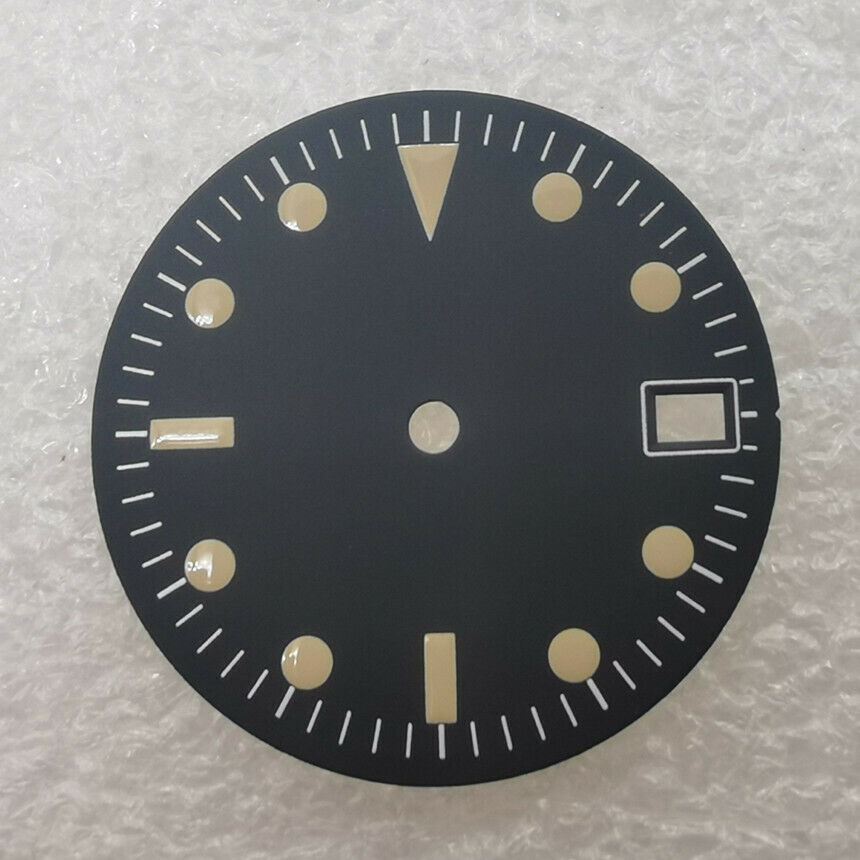28.50mm Brand New black watch dial, no lume, compatible with NH35/NH36 movement, sleek design.