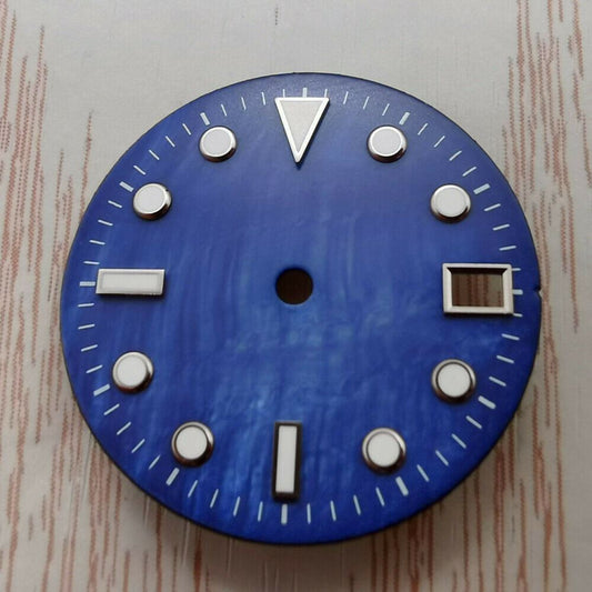 28.50mm green lume shell watch dial for NH35/NH36 movement, perfect for custom watch builds.