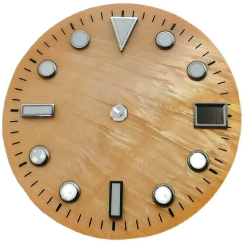 Green lume shell watch dial 28.50mm for NH35/NH36 movement, ideal for custom builds.