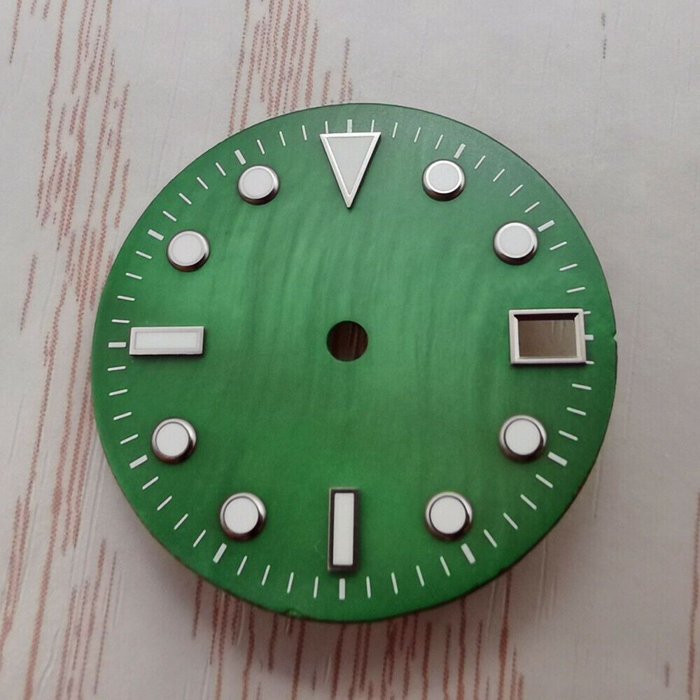 Green lume shell dial 28.50mm for NH35/NH36 movement, ideal for custom watches.
