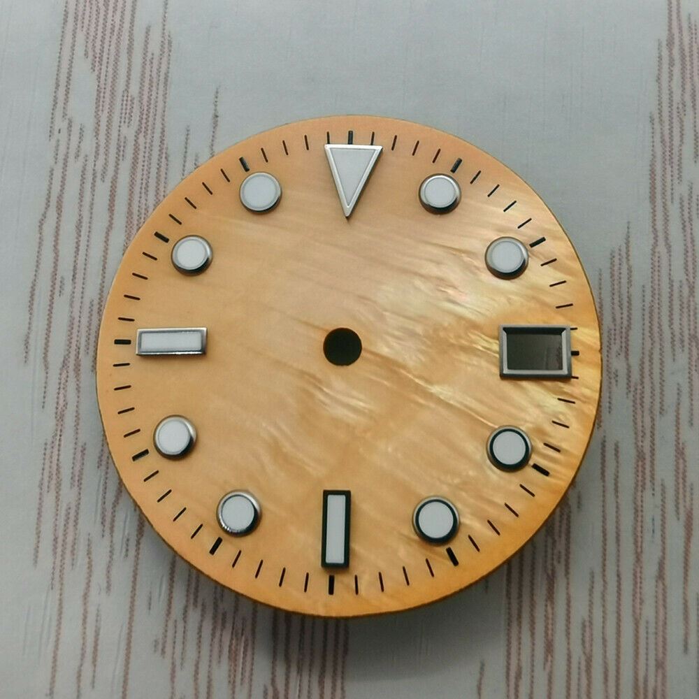 28.50mm green lume shell dial for NH35/NH36 movement, ideal for custom watch builds and repairs.