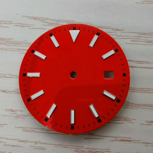 Multi-color 33.50mm watch dial with blue lume, compatible with NH36 movement, for precise timekeeping.