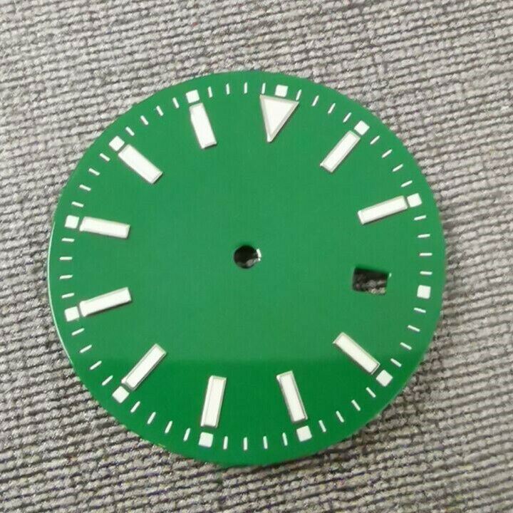 33.50mm multi-color watch dial with blue lume, compatible with NH36 movement, ideal for custom watch builds.
