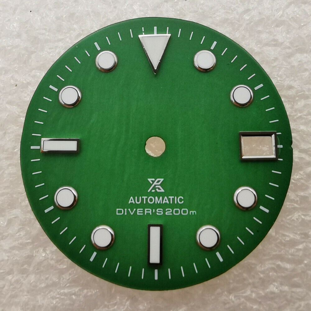 28.50mm Shell watch dial with green lume, compatible with NH35/NH36 movement, premium quality.