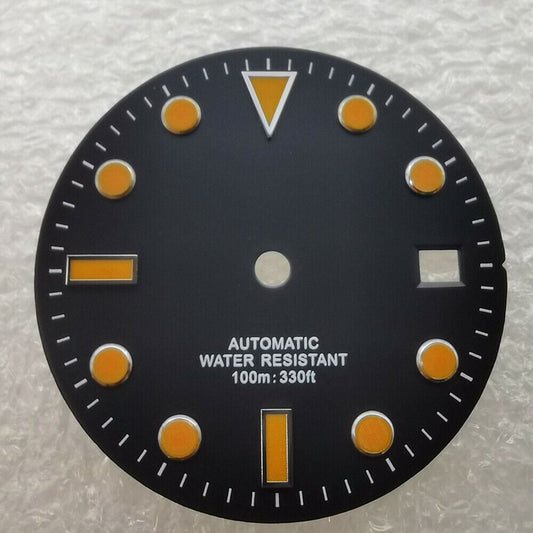 28.5mm SUB watch dial without lume, compatible with NH35 movement, fits 40mm cases, ideal for custom watch builds.