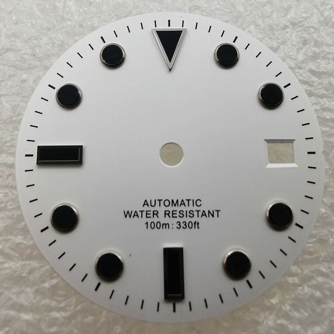 28.5mm SUB watch dial, no lume, fits 40mm cases, compatible with NH35 movement for custom builds.