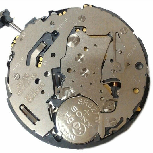 MIYOTA OS80 quartz watch movement with date, 1/20 chrono, alarm, and 3 subdials, Japan made.
