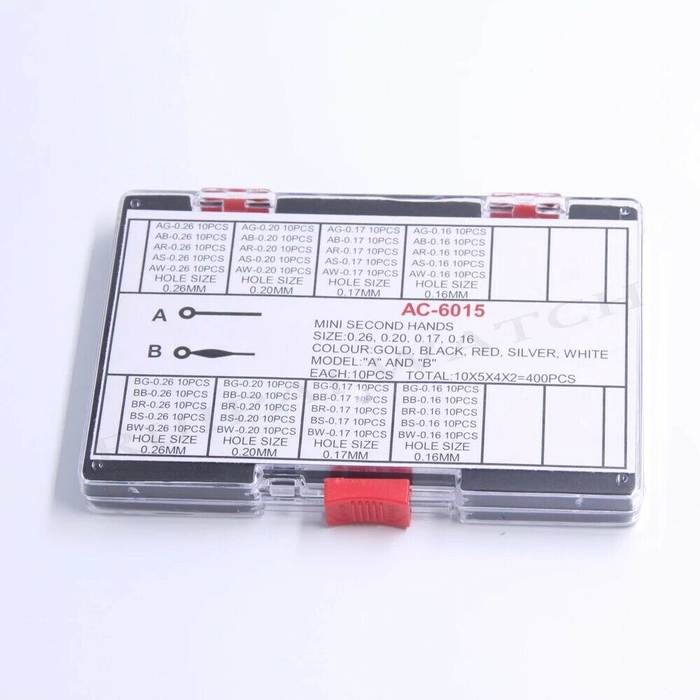 Assorted AC-6015 mini second hands in multiple colors, 400pcs for watch repair and customization.