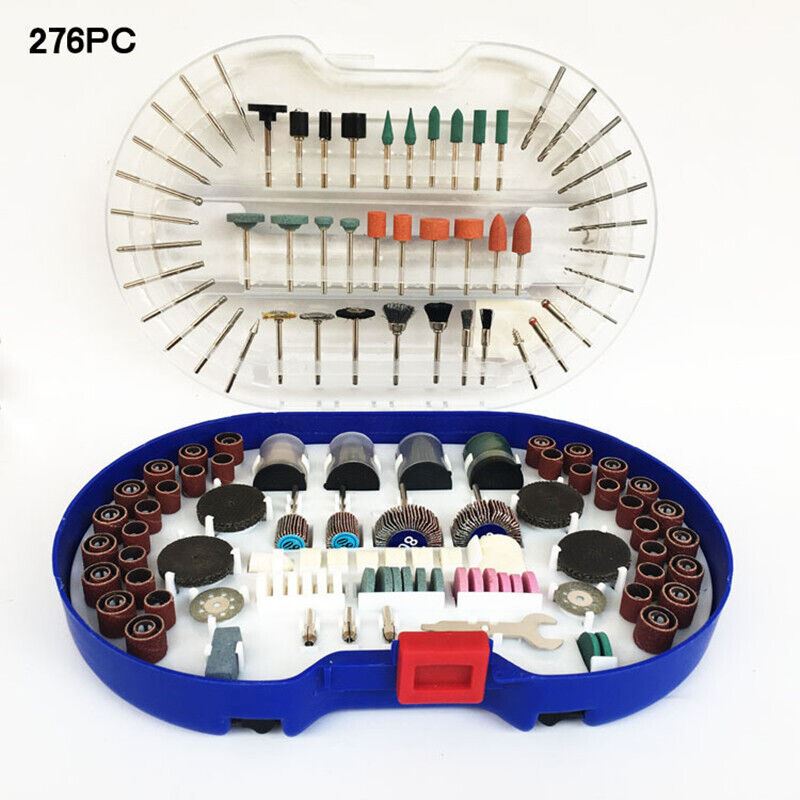 276PCS rotary tool kit with electric grinder, cutting discs, sanding stones, and polishers for detailed crafts.