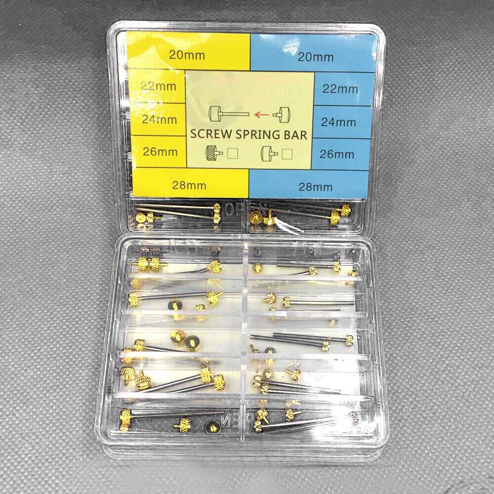 Steel watch repair kit, includes screw spring bars for precise bracelet band adjustments and fixes.