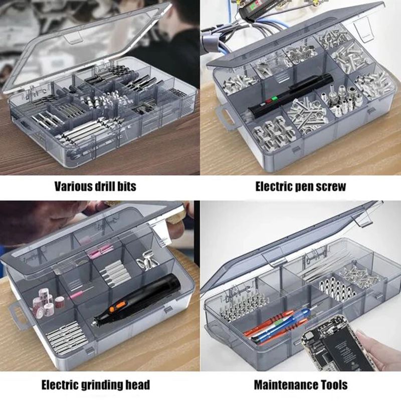 Clear plastic storage box, perfect for organizing tools and jewelry parts efficiently.
