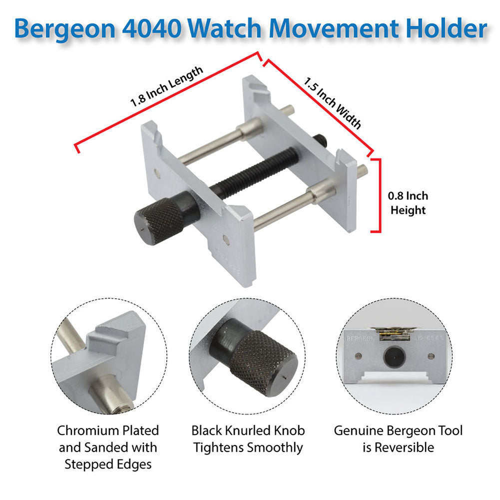 Bergeon 4040 reversible watch movement holder securing timepieces for precise repair and maintenance tasks.