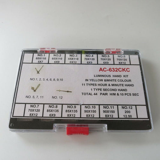 Set of 44 luminous watch hands in yellow and white, including hour, minute, and second hands for precise timekeeping.